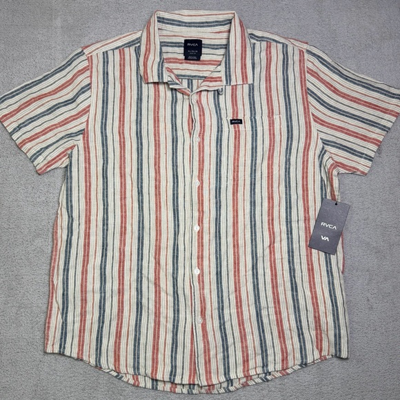 RVCA Satellite Striped Short Sleeve Shirt Men’s XL Linen Blend Summer Button Up - Picture 1 of 13